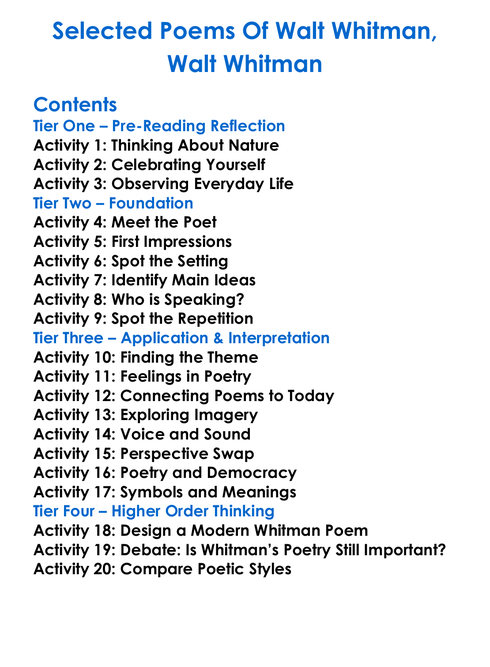 Selected Poems Of Walt Whitman Walt Whitman Worksheet Activity Booklet