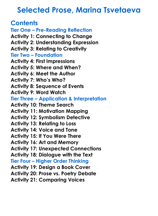 Selected Prose Marina Tsvetaeva Worksheet Activity Booklet