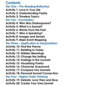 Selected Sonnets William Shakespeare Worksheet Activity Booklet