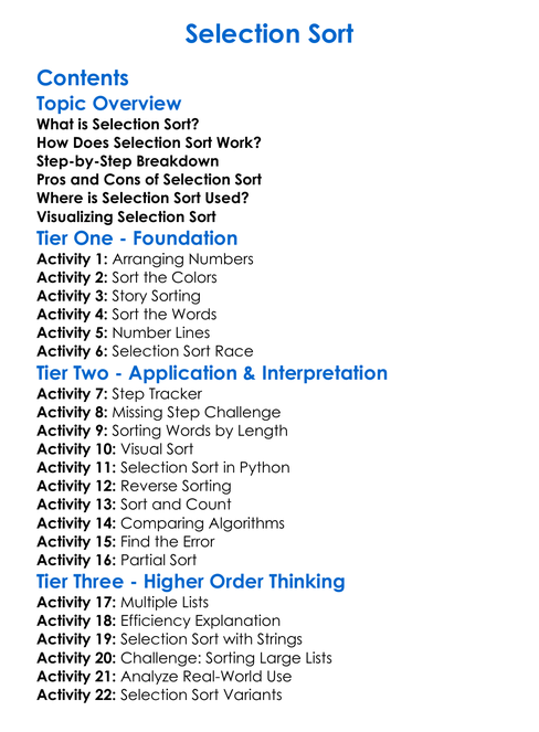 Selection Sort Worksheet Activity Booklet