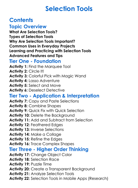 Selection Tools Worksheet Activity Booklet