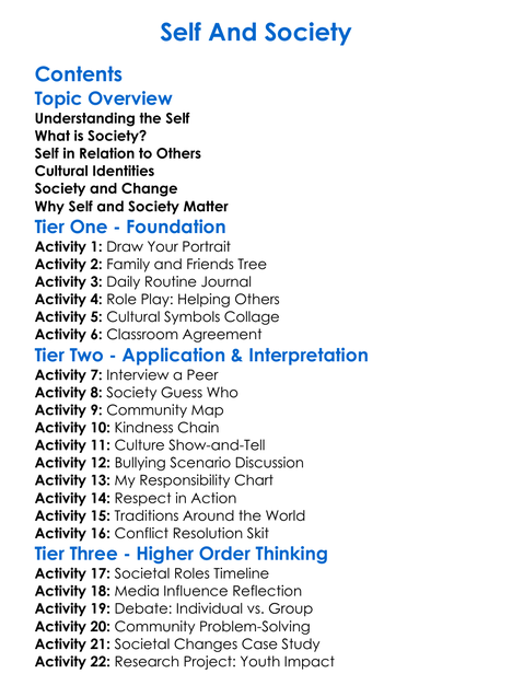 Self And Society Worksheet Activity Booklet
