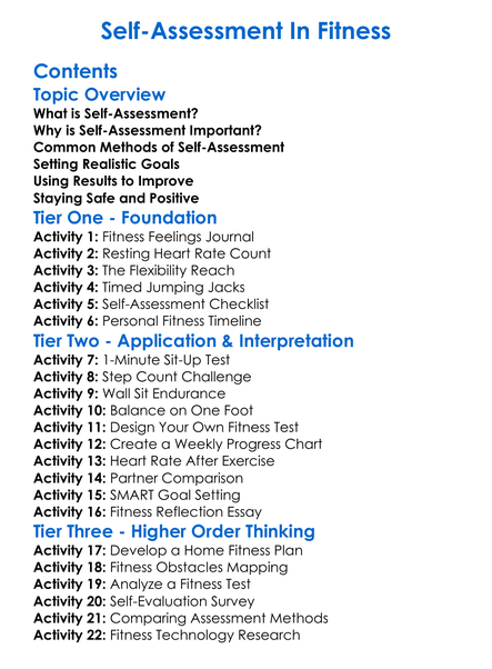 Self-Assessment In Fitness Worksheet Activity Booklet