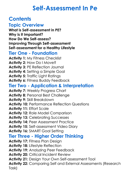Self-Assessment In Pe Worksheet Activity Booklet