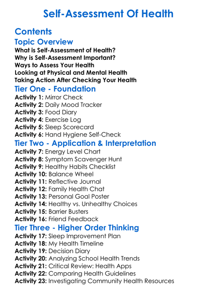 Self-Assessment Of Health Worksheet Activity Booklet