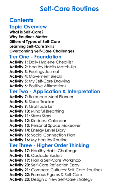 Self-Care Routines Worksheet Activity Booklet