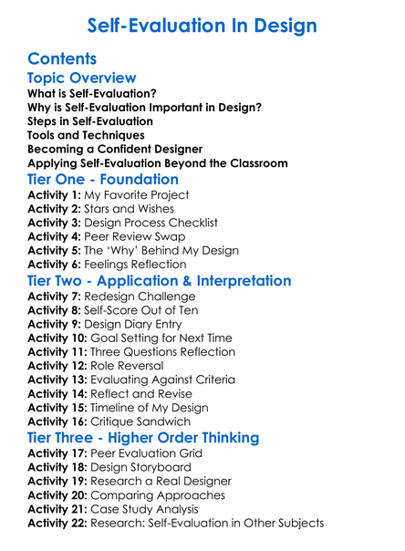 Self-Evaluation In Design Worksheet Activity Booklet