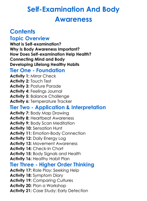 Self-Examination And Body Awareness Worksheet Activity Booklet