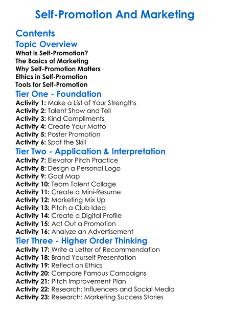 Self-Promotion And Marketing Worksheet Activity Booklet