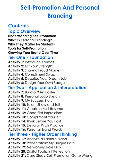 Self-Promotion And Personal Branding Worksheet Activity Booklet