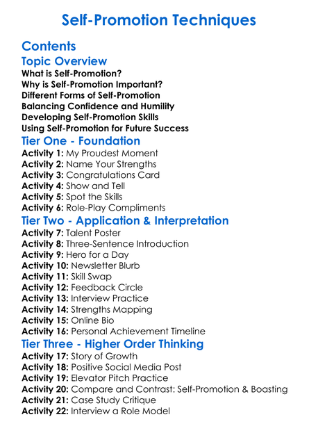 Self-Promotion Techniques Worksheet Activity Booklet