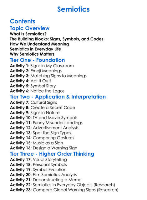 Semiotics Worksheet Activity Booklet
