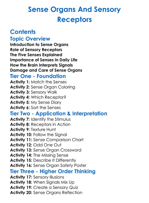 Sense Organs And Sensory Receptors Worksheet Activity Booklet