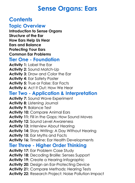 Sense Organs Ears Worksheet Activity Booklet
