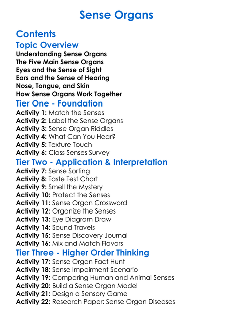 Sense Organs Worksheet Activity Booklet