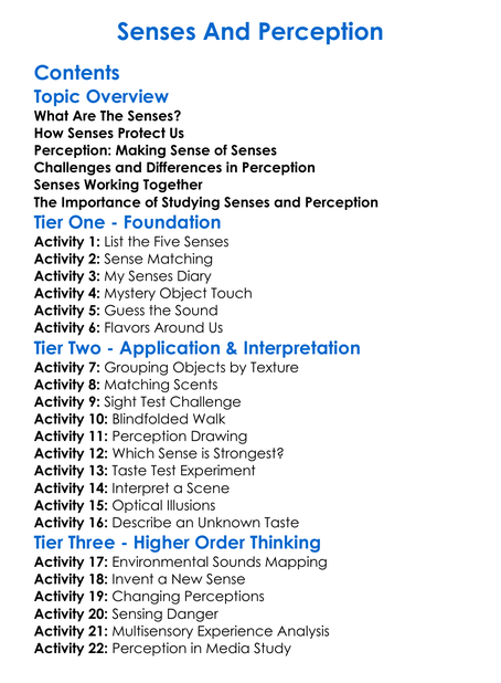Senses And Perception Worksheet Activity Booklet