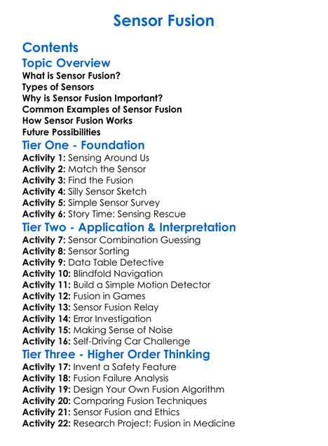 Sensor Fusion Worksheet Activity Booklet