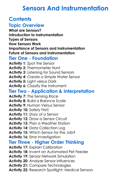 Sensors And Instrumentation Worksheet Activity Booklet