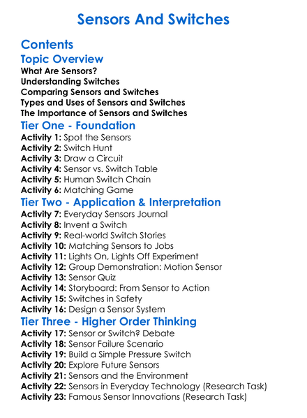 Sensors And Switches Worksheet Activity Booklet