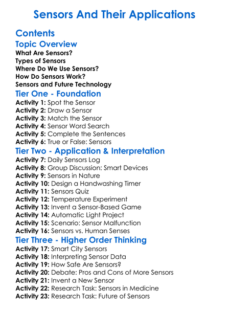 Sensors And Their Applications Worksheet Activity Booklet