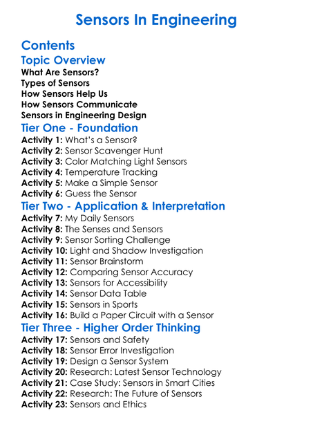 Sensors In Engineering Worksheet Activity Booklet