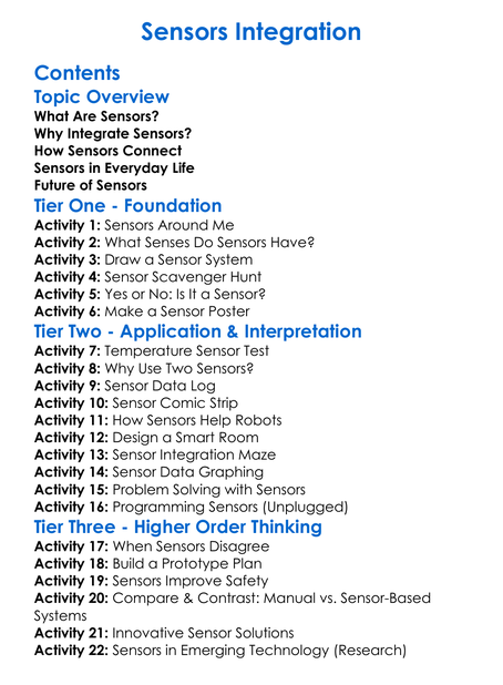 Sensors Integration Worksheet Activity Booklet