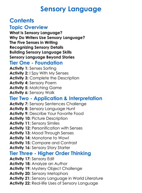 Sensory Language Worksheet Activity Booklet