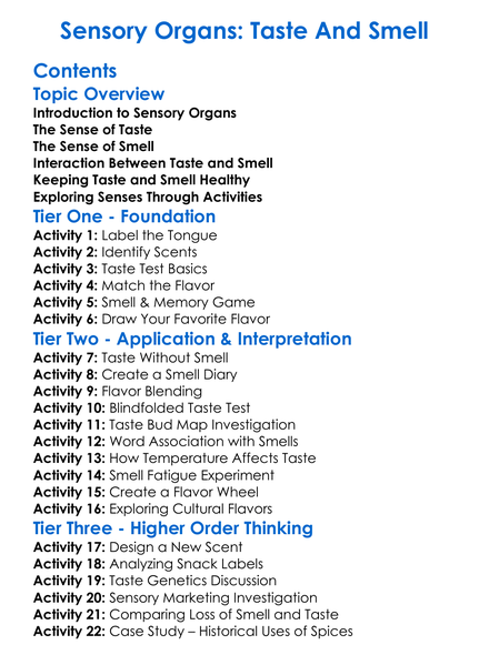Sensory Organs Taste And Smell Worksheet Activity Booklet