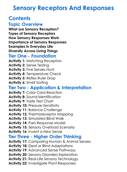 Sensory Receptors And Responses Worksheet Activity Booklet