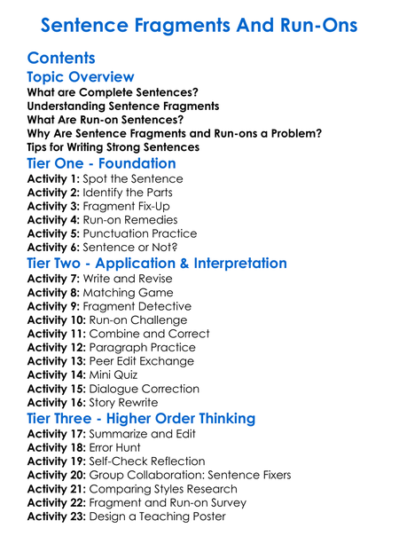 Sentence Fragments And Run-Ons Worksheet Activity Booklet