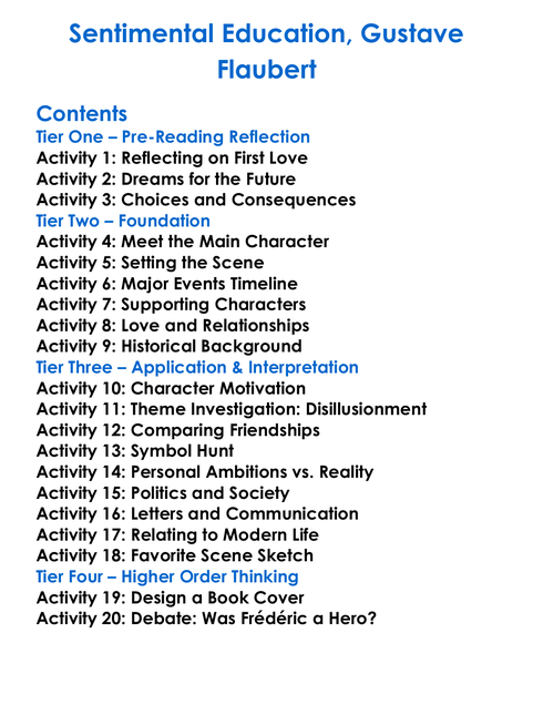 Sentimental Education Gustave Flaubert Worksheet Activity Booklet