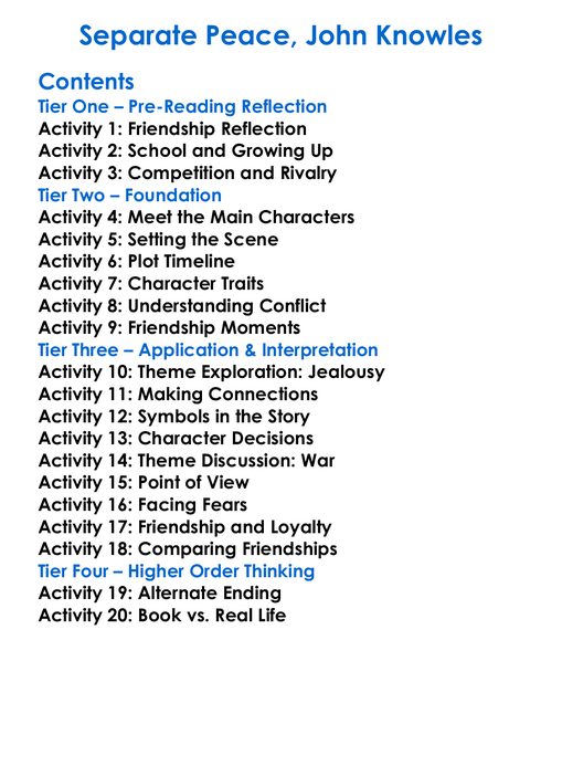 Separate Peace John Knowles Worksheet Activity Booklet