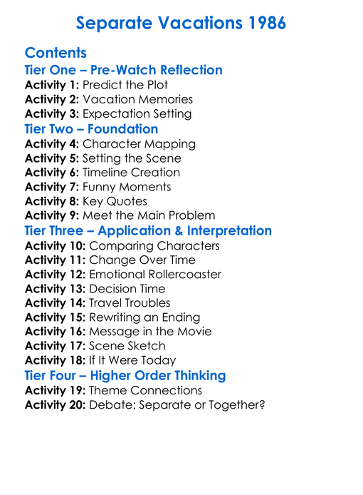 Separate Vacations 1986 Worksheet Activity Booklet