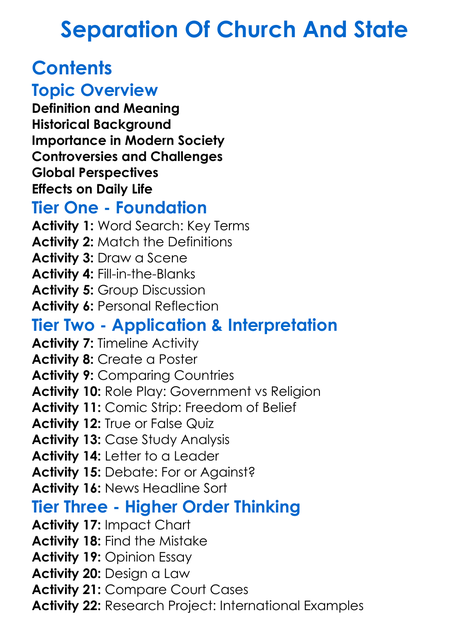 Separation Of Church And State Worksheet Activity Booklet