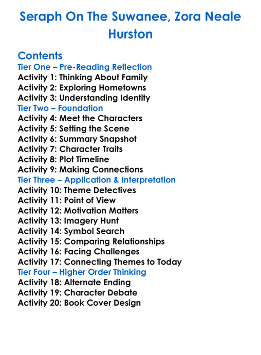 Seraph On The Suwanee Zora Neale Hurston Worksheet Activity Booklet