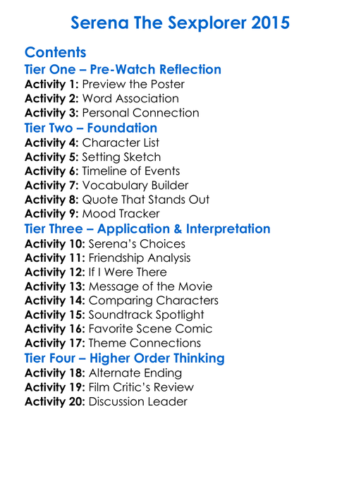Serena The Sexplorer 2015 Worksheet Activity Booklet