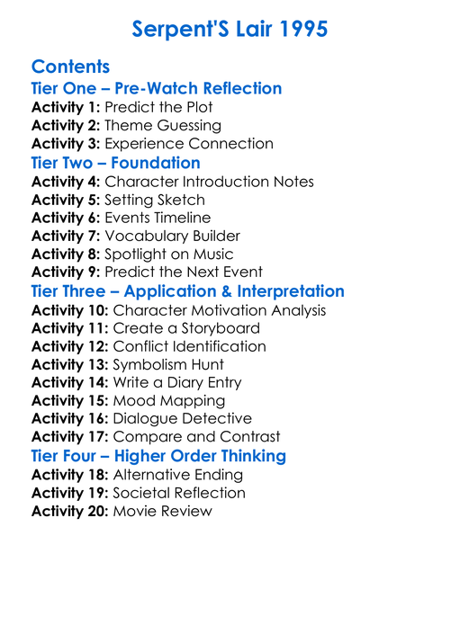 Serpents Lair 1995 Worksheet Activity Booklet