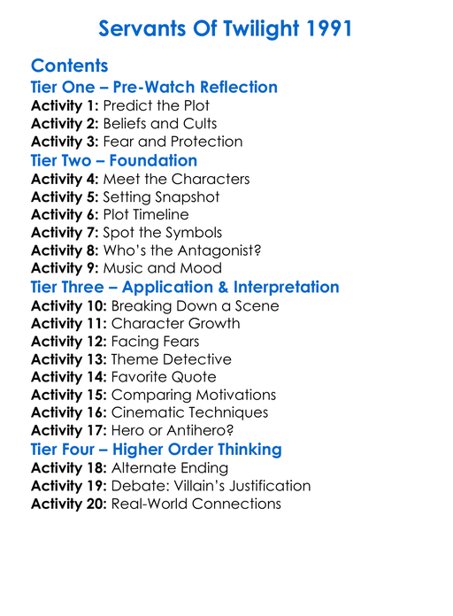 Servants Of Twilight 1991 Worksheet Activity Booklet