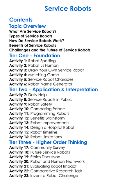 Service Robots Worksheet Activity Booklet