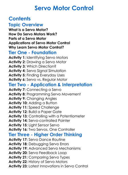 Servo Motor Control Worksheet Activity Booklet