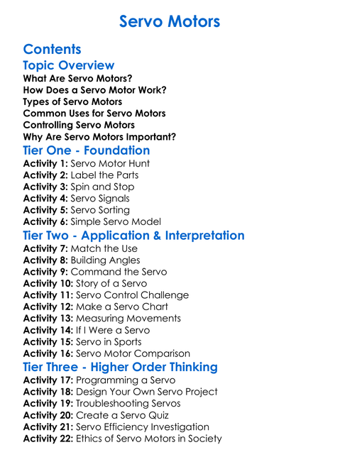 Servo Motors Worksheet Activity Booklet