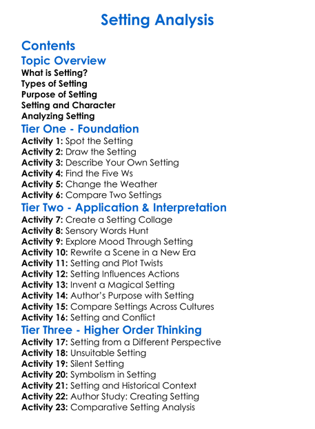 Setting Analysis Worksheet Activity Booklet