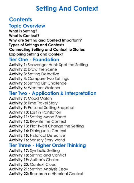 Setting And Context Worksheet Activity Booklet