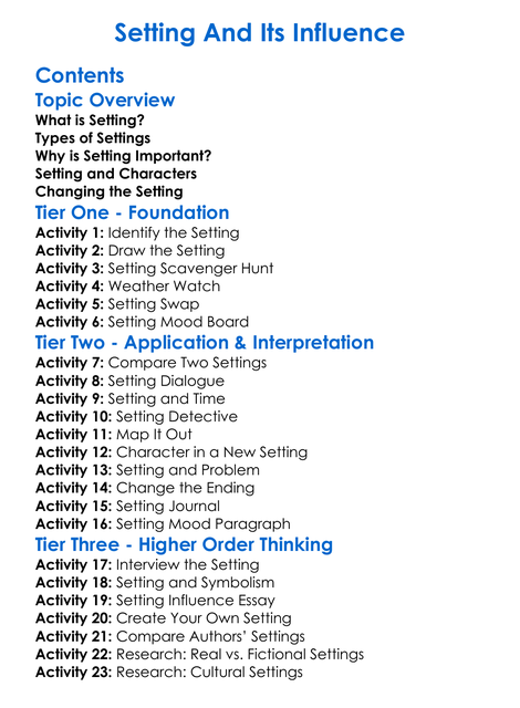 Setting And Its Influence Worksheet Activity Booklet