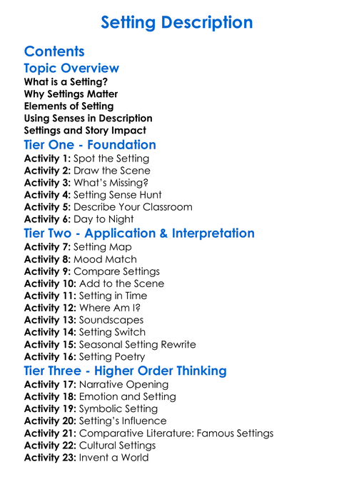 Setting Description Worksheet Activity Booklet