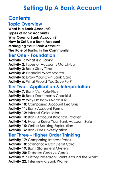 Setting Up A Bank Account Worksheet Activity Booklet