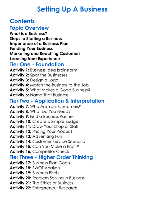 Setting Up A Business Worksheet Activity Booklet