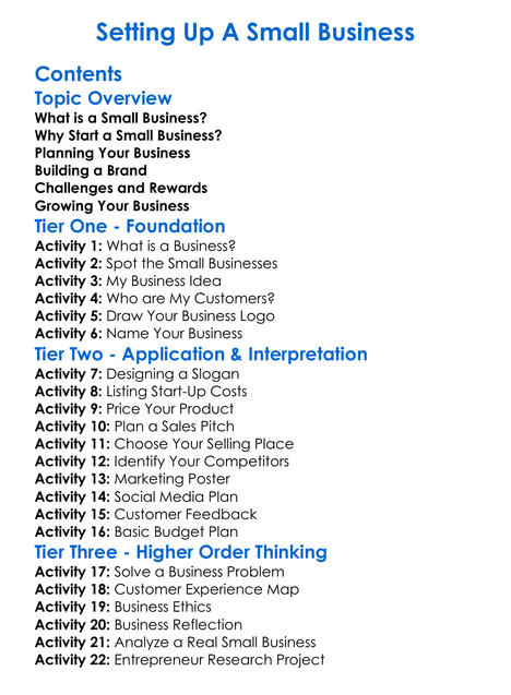 Setting Up A Small Business Worksheet Activity Booklet