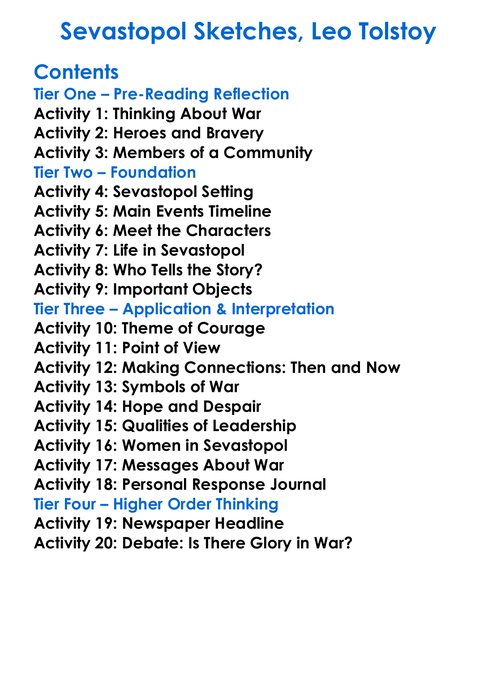 Sevastopol Sketches Leo Tolstoy Worksheet Activity Booklet