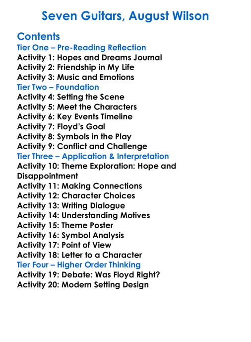 Seven Guitars August Wilson Worksheet Activity Booklet